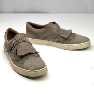 Frye Gemma Keltie sneakers grey nubuck suede fringe buckle wingtip size 9